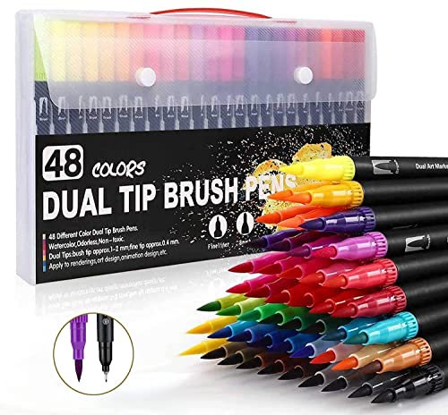 ARTOYS Filzstifte Set,48 Farben,Dual Brush Pen Set Dicke und Dünne Spitze für Kinder und Erwachsene Mandala Fasermaler 1-2 mm/Fineliner 0,4 mm