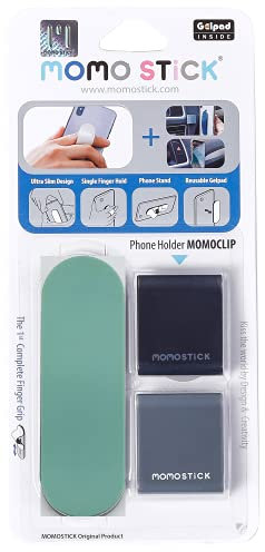 MOMOSTiCK - Das Original! Kombi - Momoclip + Smartphone Fingerhalter - Handy Fingerhalterung Handy Griff - Handy Halterung Handy Ring (Kombi Momostick + Momoclip Matt Serie - Grün