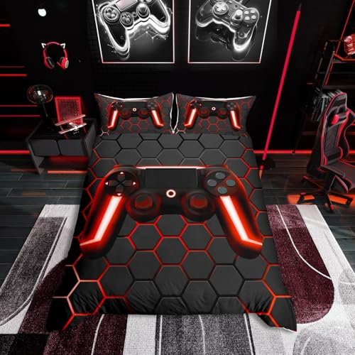 Homewish Kids Gaming Bedding Sets Geometric Gamepad Gamer Comforter Cover Honeycomb Hexagon Duvet Set For Boys Room Decor Beehive Geometry Neon Lights Bedspreads 3 Pcs King Size, Multi 18