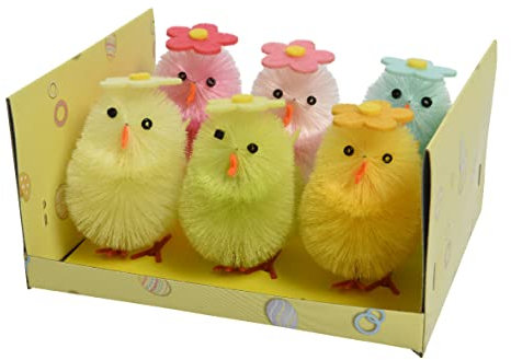 Decoris Küken 6cm x 6 Stück Chenille Plüschküken mit Blume Osterdeko Osterküken zum Basteln bunt