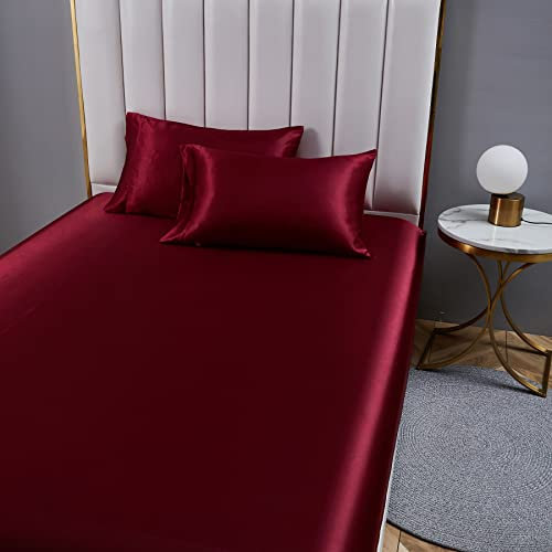 Bettlaken Spannbettlaken 200x200 Rot Weinrot Boxspringbett Satin Bettlaken Glänzend Seide Spannbetttuch Uni Muster Hochwertiges Spannbetttücher für Hohe Matratze bis 25-30 cm
