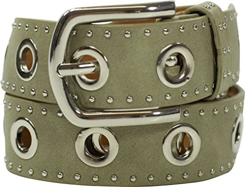 fashionchimp Damengürtel mit XXL-Ösen und Nietenbesatz, Gürtel im Vintage-Look, Jeansgürtel, Breite ca. 3,5cm (Oliv, BW95cm - Gesamtlänge 110cm)