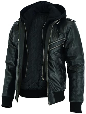 Vance Herren Echt Lederjacke aus 100% Rindsleder Abnehmbarer Hoodie