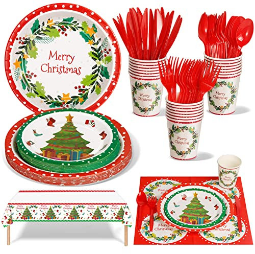 141Stück Weihnachten Partygeschirr,Partyzubehör Pappteller Set,Wiederverwendbar Weihnachten Papier Geschirr Set einschließlich Tischdecke Teller Becher Servietten zum Weihnachten Party(20 Gäste)