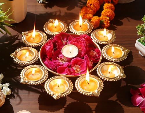 R Ayurveda Copper Candle Holder Urli Set - Traditional Diya Tealight Holder for Home, Office and Table Decor, Golden, Standard, 20.0 x 10.0 x 8.0 cm, 100.0 grams