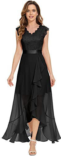 Dressystar Damen Elegant Abendkleider Maxi Abschlusskleid V-Ausschnitt A-Linie Cocktailkleid Spitzenkleider Schwarz S