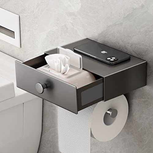 VOLDRA Toilet Roll Holder with Shelf Toilet Paper Holder with Drawer Storage Self-Adhesive Toilet Wipes Dispenser Wall Mounted (Grey)