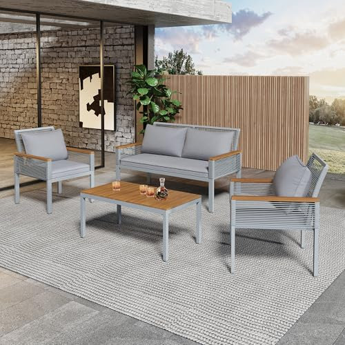 Merax Gartenmöbel Set 4-Personen, Polyrattan Balkonmöbel Lounge Sitzgruppe mit Tisch & Kissen, Ecksofa-Set aus Stahl und Holz, für Garten Balkon und Terrasse, Gartenlounge Set, Outdoor, Grau