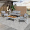 Merax Gartenmöbel Set 4-Personen, Polyrattan Balkonmöbel Lounge Sitzgruppe mit Tisch & Kissen, Ecksofa-Set aus Stahl und Holz, für Garten Balkon und Terrasse, Gartenlounge Set, Outdoor, Grau