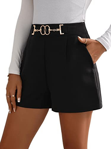 GORGLITTER Damen Shorts Elegant Kurzhose Breites Bein Sommershort Hohe Taille Short mit Reißverschluss und Kette Schwarz M