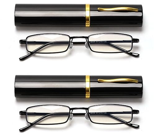VANANA Slim Pocket Reading Glasses, Blue Light Blocking Magnifying Glasses, Metal Frame Spring Hinge Compact Readers with Portable Clip Case, Unisex for Men Women, Pack of 2 (Black, 3.00)