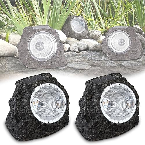 bmf-versand® Solarlampen für außen Garten 2 Stück Set - Solar Bodenleuchten aussen Stein Optik - Solarleuchten Gartenlampen solar wetterfest - Gartenbeleuchtung Deko Wegeleuchten IP44 LED