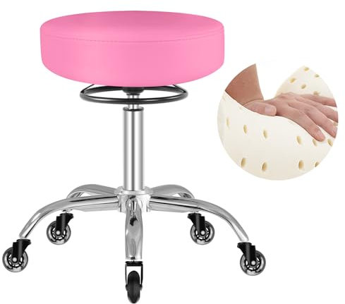 OUTMASTER Rollhocker höhenverstellbar mit Rollen -50-62cm,bis 180 kg belastbare Arbeitshocker,360° Drehhocker Hocker für Salon und Spa,aus Leder Hocker (Rosa)