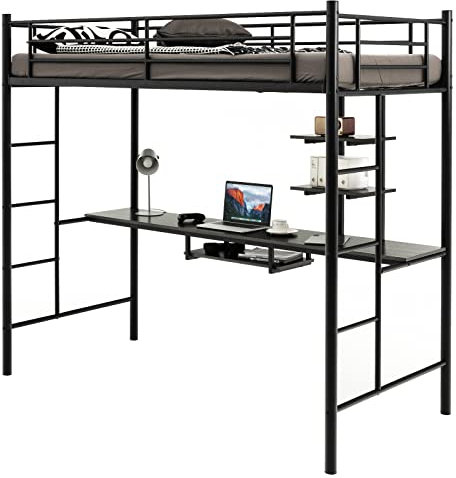 COSTWAY Cama Alta con Escritorio 95x200cm, Cama Alta Individual, Estructura de Hierro, 2 Escaleras Bilaterales y 2 Estantes de Almacenamiento, Literas Juveniles con Escalera (Negro)