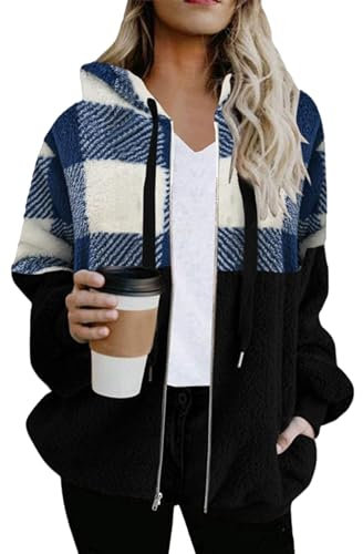 EFOFEI Damen Warm Faux Fur Color Block Coat Plaid Shirt Jacke mit Seitentaschen Trendy Herbst Winter Warm Fleece Mäntel Blau Weiß M