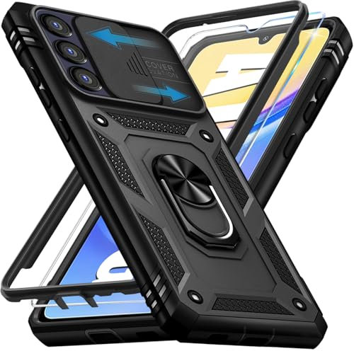 Giyer für Samsung Galaxy A15 Hülle mit Schutzfolie, Handyhülle A15 5G Tache mit Kameraschutz 360° Metall Ring Ständer Stoßfest Bumper Schutzhülle Samsung A15 Case Cover (Schwarz)