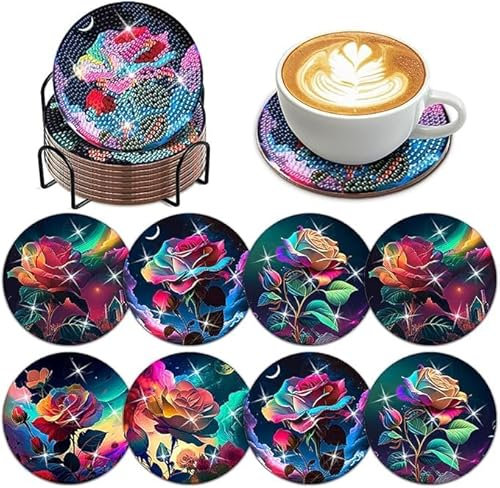 Woplagyreat Diamond Painting Untersetzer Gläser Erwachsene Bastelset Glasuntersetzer Set Basteln Zimmer Deko Wohnzimmer Kinder Diy Geschenke Leuchtende Rose
