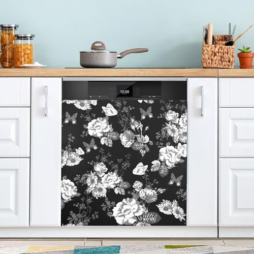 GAIREG Copertura magnetica per lavastoviglie con rose bianche su sfondo nero, stile vintage, 58 x 66 cm