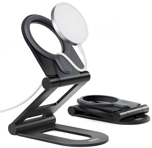 Nulaxy Dual Folding Phone Stand for MagSafe Charger (MagSafe Charger Not Included), Fully Adjustable Aluminum Magsafe Charging Desk Mount Holder, Compatible with iPhone 15 14 13 12 Series, Black