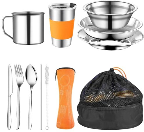 YushengTai Gavetta Scout, Set da 10 Pezzi, Campeggio con Posate, Forchette, Ciotole e Bacinelle Gavetta Scout, Gavetta Acciaio Inox per Viaggi All'aria Aperta, Campeggio, Picnic