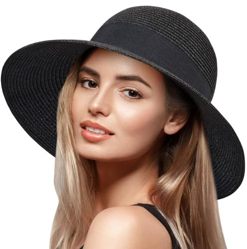 VIFUUR Damen Strohhüte Breiter Rand Sommervisier Strand Sonnenhut Verpackbare UPF UV Faltbare Reise Black L/XL
