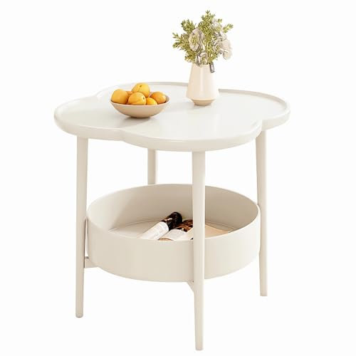 Taotigzu Table d'appoint avec Panier de Rangement, Table de Chevet à 2 Niveaux, Blanc - Idéale pour Salon, Chambre, Balcon, Terrasse