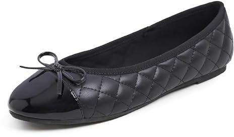 Feversole Women's Bow Tie Fashion Dress Slip On Shoes Round Toe Ballet Black Quilted Patent Toe Cap UK Size 7