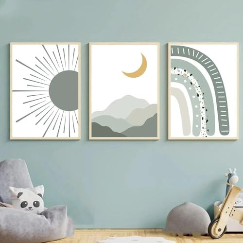 SYLUOQP 3er Set Poster Kinderzimmer, Grün Regenbogen Sonne Bilder, Wandbilder Bilder Boho Babyzimmer Deko Wandposter für Kinder Junge Mädchen, Ohne Rahmen,30 * 40cm