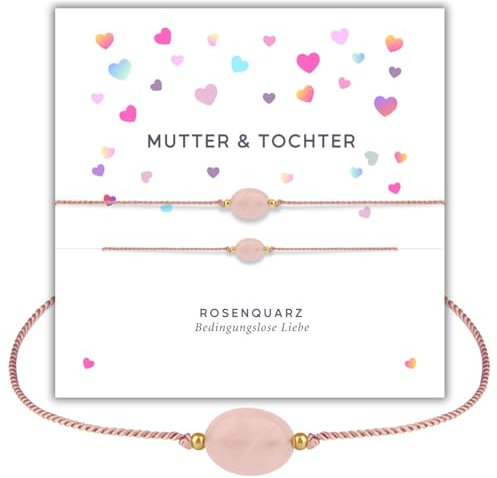 happymaker - Mutter und Kind Armband, 2er Set, Edelstein Armbänder für Mutter und Tochter Mini, handgefertigt mit Goldperlen und Schiebeperle für Größeneinstellung und exklusiver Geschenkverpackung