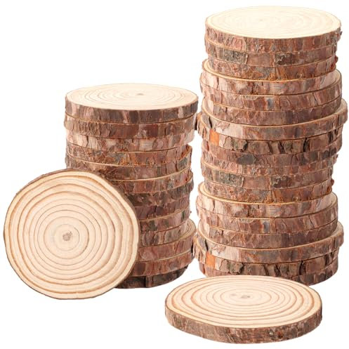 APACALI 35pcs Rondin de Bois sans Trou, 10cm Tranche de Bois Naturel, Rondelles de Bois disques en Bois pour Decoration Noel Bois, Marque Place Mariage, Pyrograveur Bois