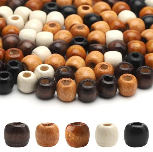 TNSLAND 200 Stück Holzperlen, 5 Farben Makramee Perlen, Haarperlen Perlen Groß mit 13M Elastischem Faden, Natur Holzperlen Makramee für DIY Dreadlocks Schmuckherstellung