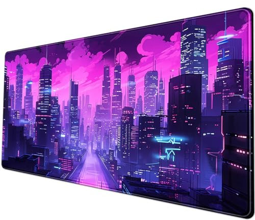 Sous-main de bureau Cyberpunk violet avec motif d'horizon urbain, tapis de souris étendu, grand tapis de souris pour ordinateur portable pour femme, avec bords cousus, base antidérapante, 80 x 30 cm