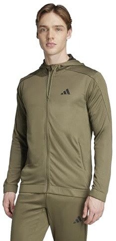 adidas Men's TRAIN ESSENTIALS SEASONALS FULL-ZIP HOODIE, olive strata, L