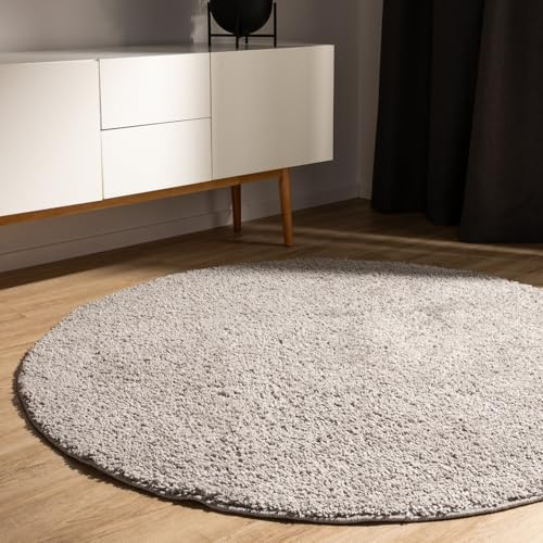 benuta Basic Hochflorteppich Teppich Wohnzimmer Sohari - Hellgrau 160 cm Rund - Minimalistischer Look - Weich & Waschbar - Für Schlafzimmer, Flur oder Esszimmer - Geeignet für Fußbodenheizung