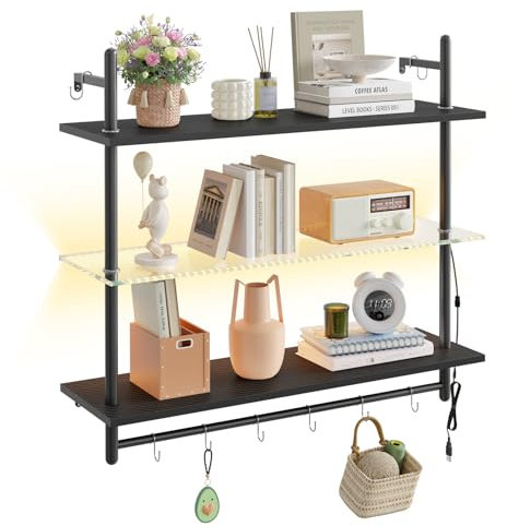 Bestier 3 Tier Floating Pipe Shelving 105.5CM Industrial Wall Mounted Ladder Shelf Hanging with Circular Tube with Hooks Wood Display Storage Home Decor Book Shelves (Black Carbon Fiber, 105.5CM)