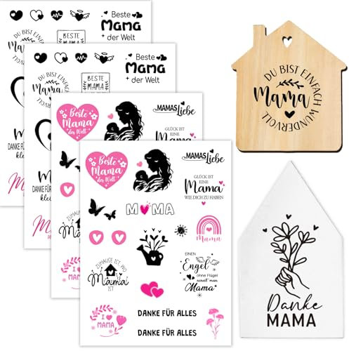 4 Blatt Rub On Sticker Muttertag Transferaufkleber Selbstklebend, Muttertagsgeschenke für Mama, Beste Mama der Welt Rub On Muttertag Aufkleber, Rub On Sticker Sprüche für Glas Holz Keramik Tasse usw