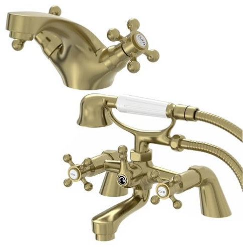 Park Lane® Oxford Bathroom Bath Shower Mixer Basin Mixer Tap Set Pair Round Crosshead Handle Traditional, Brushed Brass