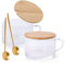 YiksunMY 2 Pack 14oz Vintage Glass Coffee Mugs with Bamboo Lids and Spoons, Green Embossed Drinking Glass, Gifts for Mum, Mother's Day Gift