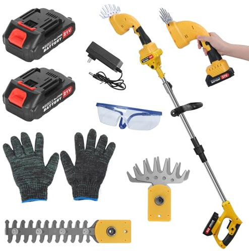 2 in 1 Akku Strauchere und Grasschere, Akku Grasschere Heckenschere mit 2 Batterien(1500mAh), Teleslopstiel Rasenkantenschere, Austauschbare Klingen, Strauchschere Rasenmäher