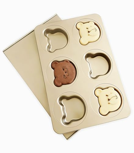 JSJMOFA Bärenförmige Muffinformen mit Deckel, 6 Mulden Antihaftbeschichtet Madeleine-Form, Gerade Seite Muffin-Backform für Bären, Kuchenaufsatz, Dekoration, Gold