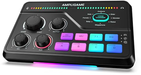 Fifine Gaming Mixer for Voice Chat and Streaming- 7.1ch Surround Sound Headphone Amp-XLR Preamp-USB Plug & Play-Voice Changer-RGB-Volume Control-3 EQ Modes Ampligame SC8