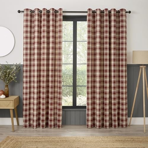Curtina Everett Eyelet Curtains, Living Room, 168 x 137 cm, Red, 100% Recycled Polyester, Light Filtering, Jacquard Woven, Checkered Pattern