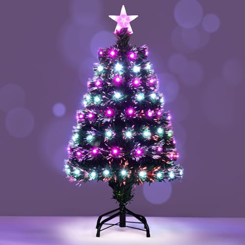 Albero di Natale Artificiale 93cm con Fibre Ottiche Multicolore | Albero di Natale con 96 Luci LED Viola e Bianche, 8 Modalità, 96 Punte di Rami in PVC, Stella sulla Cima e Base Metallica