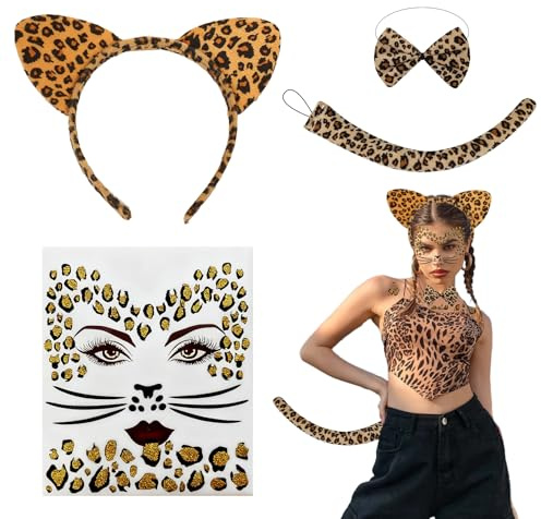 Snhauxinfa Leoparden Ohren,Leoparden Oberteil Damen,Kostüm 4 Set Kinder,Karneval Print Halloween Haarband,Haarreifen Costume Gesichtstattoo Kostüme,Tiere Dschungel für TierkostüM Women Cosplay Party
