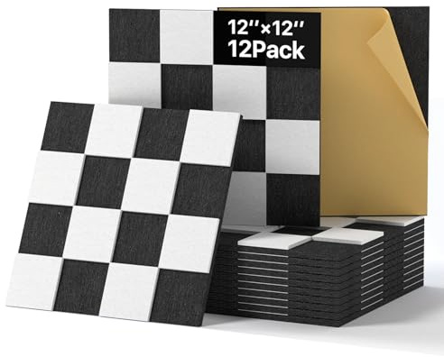 Woovio Filz Pinnwand Selbstklebend 12 Stück Akustikpaneele Schallschutzplatten 30x30x0,9cm Schachbrett Schwarz-Weiß für Studio, Büro, Gaming, Deko & Dart Wandschutz Schwarz-Weiß
