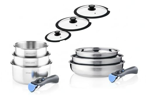ARTHUR MARTIN - Batterie De Cuisine Inox 11 Pièces - 3 Casseroles Ø 16, 18, 20 cm - 2 Manches Amovibles - 3 Couvercles Silicone - Compatible Induction - Ensemble Pratique Et Ergonomique