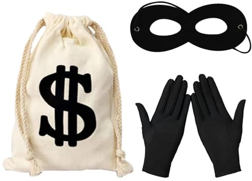 ELYIQI Räuber Kostüm Geldsack, Geldsack Kostüm, 30x40 cm Geldsäckchen mit Augenmaske und Handschuhen, 3-teiliges Set für Karneval, Halloween und Mottopartys