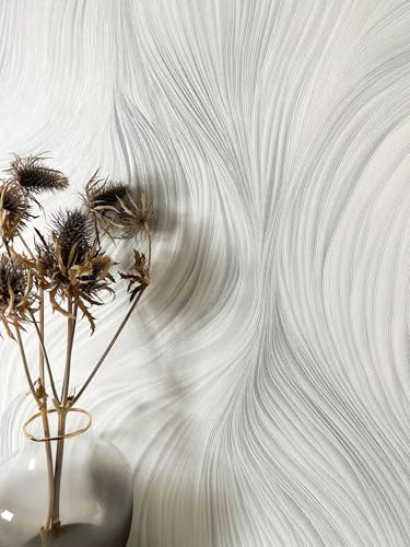 Newroom Vliestapete Hellgrau Linien Wellen Wohnzimmer Skandinavisch Tapete | feines Relief mit Schimmer und 3D-Optik, sandartige Struktur, kühler Ton, Wandtapete, Mustertapete, für Schlafzimmer und Flur