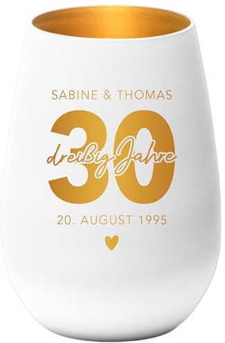 Geschenk Perlenhochzeit personalisiert Windlicht Glas mit Gravur Hochzeitstag Geschenk Hochzeit Jubiläum 30 Jahre | Weiß