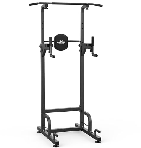 RELIFE REBUILD YOUR LIFE Power Tower Klimmzüge Dips Höhenverstellbares Multifunktions Fitnessgerät Zuhause Kraftstation Klimmzugstange Dip Station Liegestützgriffe (Grau)